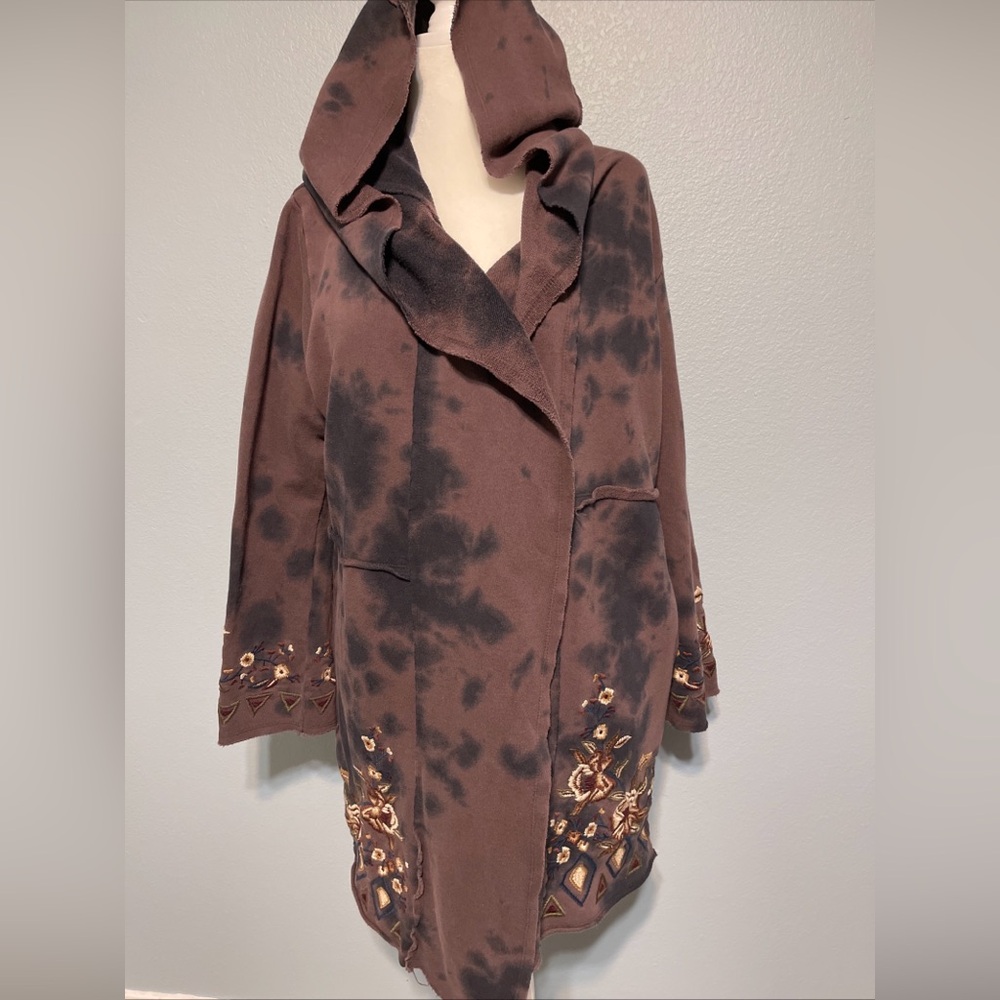 Caite Embroidered Hooded Cardigan Jacket Boho Floral Open Front Duster Cozy XL - Picture 2 of 12